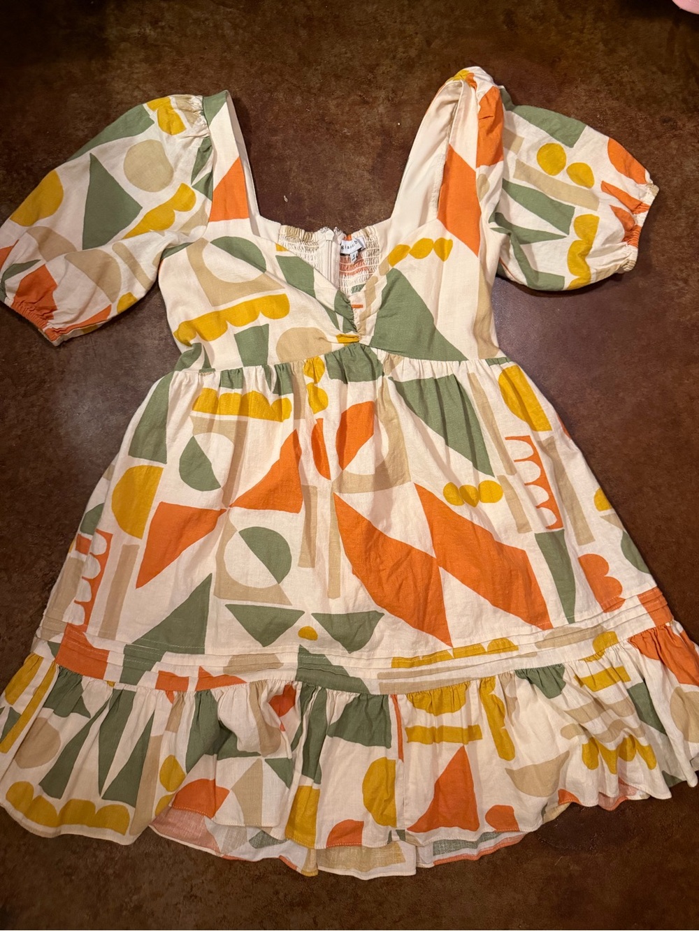 Gianni Bini Cream Dress with Orange, Green & Yellow Geometric Print